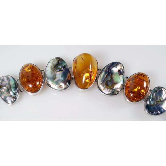 Big Chunky Amber Sterling Silver Link Bracelet - Picture 3 of 5